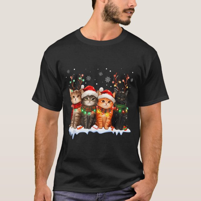 Cat Christmas Light Reindeer Santa Christmas Cat L T-Shirt (Front)