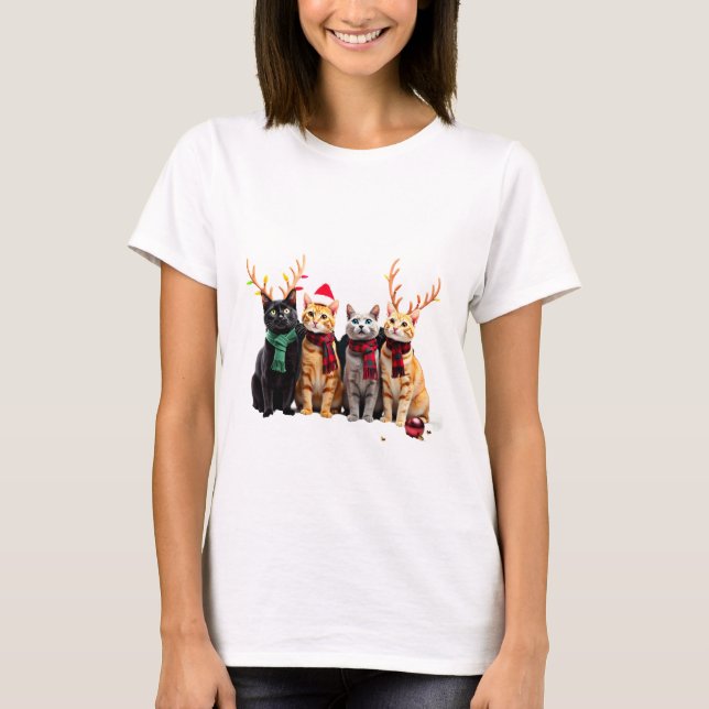 Cat Christmas Light Reindeer Santa Christmas Cat L T-Shirt (Front)