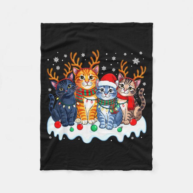 Cat Christmas Light Reindeer Santa Christmas Funny Fleece Blanket (Front)