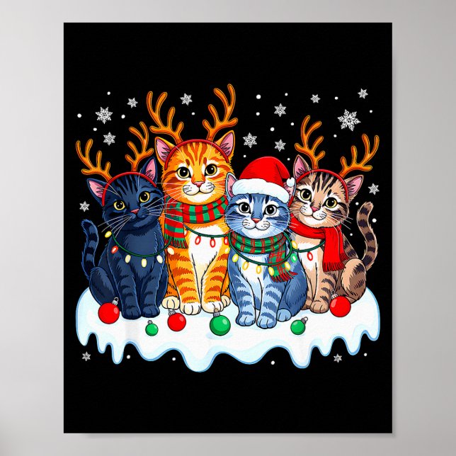 Cat Christmas Light Reindeer Santa Christmas Funny Poster (Front)