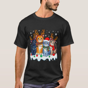 Cat Christmas Light Reindeer Santa Christmas Funny T-Shirt