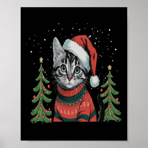 Cat Christmas Light Reindeer Santa Christmas Poster