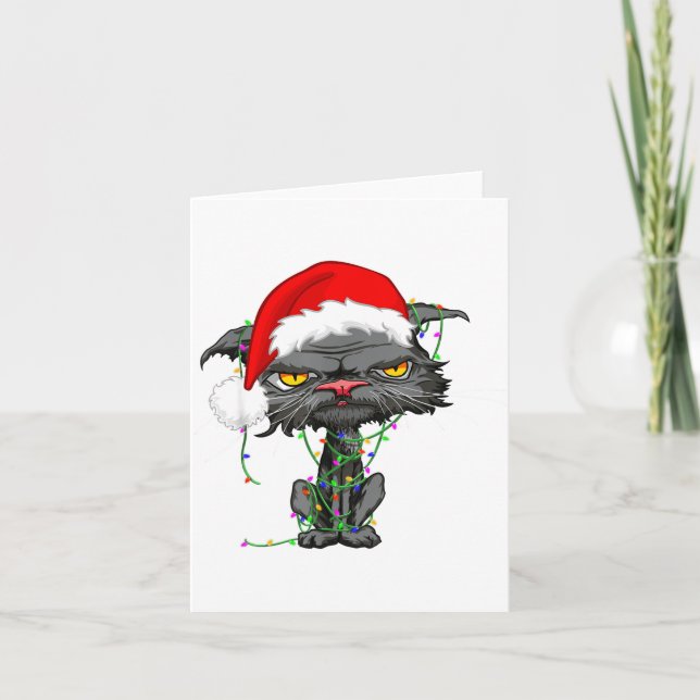 Cat Christmas Lights Bored Cat Santa Hat Funny Cat Card (Front)