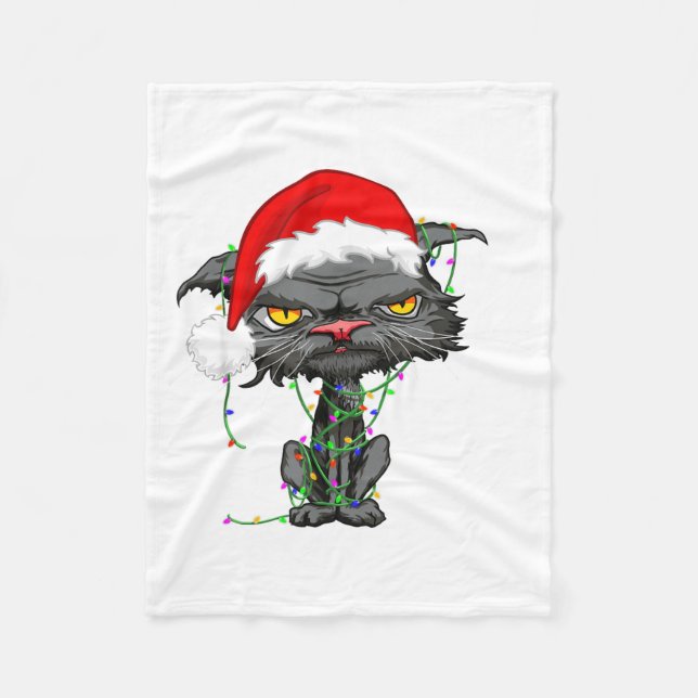 Cat Christmas Lights Bored Cat Santa Hat Funny Cat Fleece Blanket (Front)