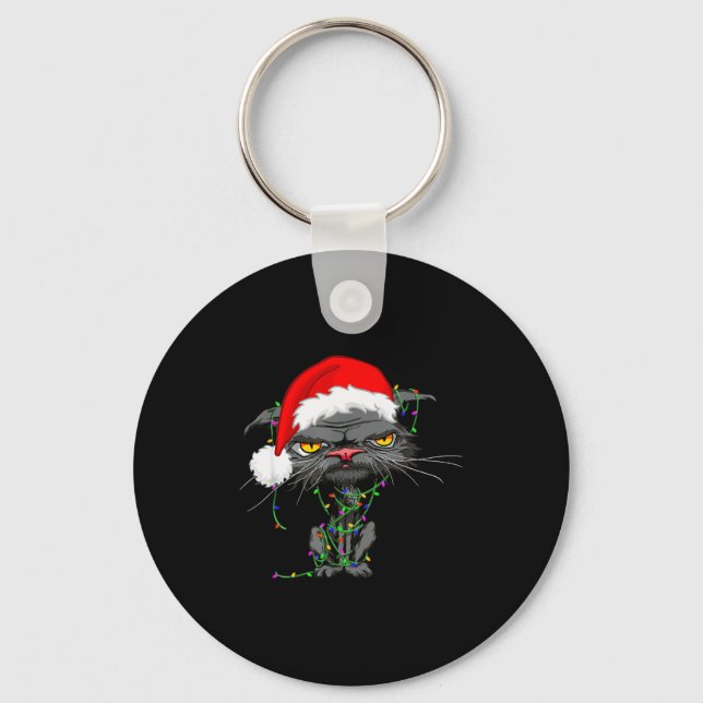 Cat Christmas Lights Bored Cat Santa Hat Funny Cat Key Ring (Front)