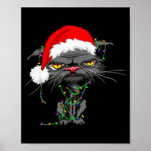 Cat Christmas Lights Bored Cat Santa Hat Funny Cat Poster