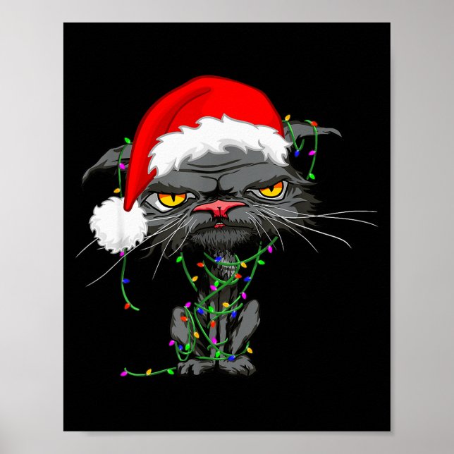 Cat Christmas Lights Bored Cat Santa Hat Funny Cat Poster (Front)