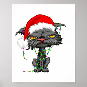 Cat Christmas Lights Bored Cat Santa Hat Funny Cat Poster