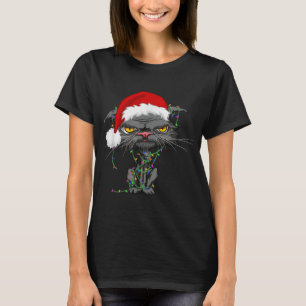 Cat Christmas Lights Bored Cat Santa Hat Funny Cat T-Shirt