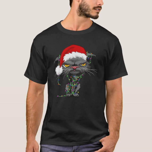 Cat Christmas Lights Bored Cat Santa Hat Funny Cat T-Shirt (Front)