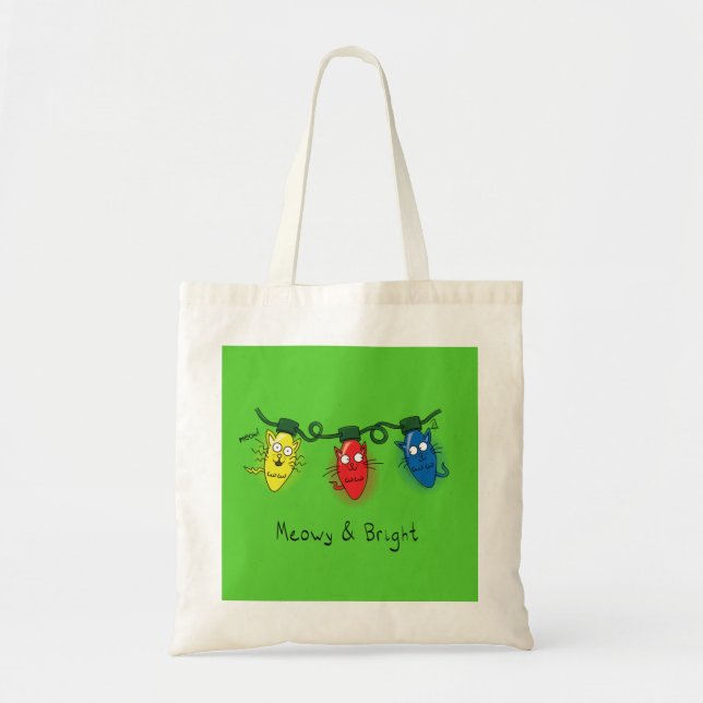 Cat Christmas Lights Funny Meowy and Bright Tote Bag (Front)