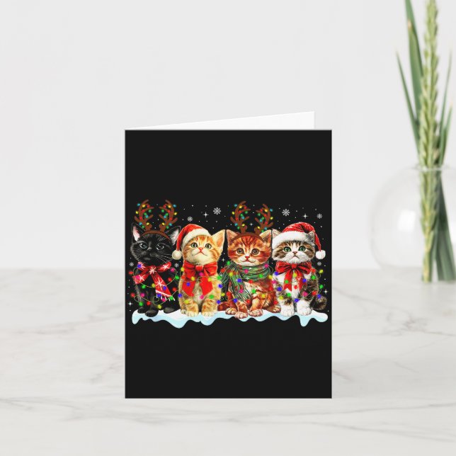 Cat Christmas Lights Reindeer Santa Cat Lover Xmas Card (Front)