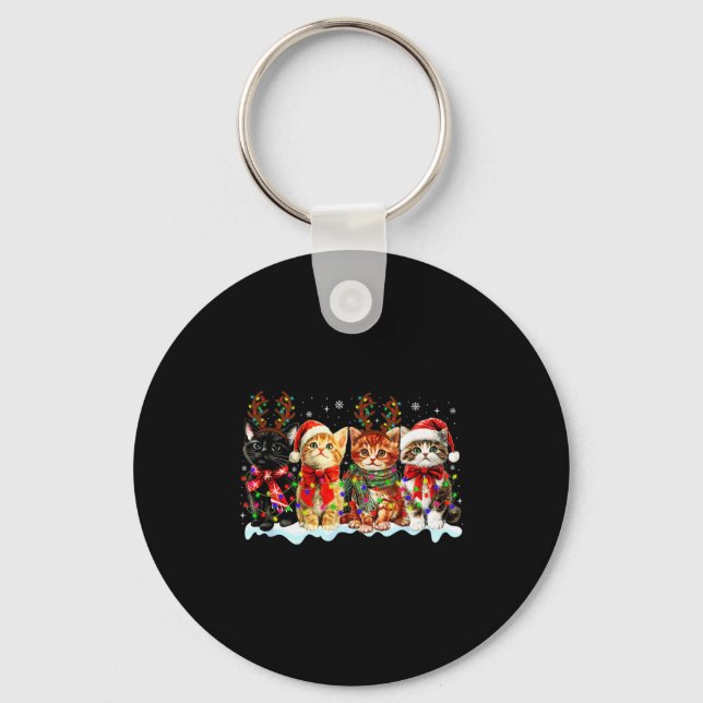 Cat Christmas Lights Reindeer Santa Cat Lover Xmas Key Ring (Front)