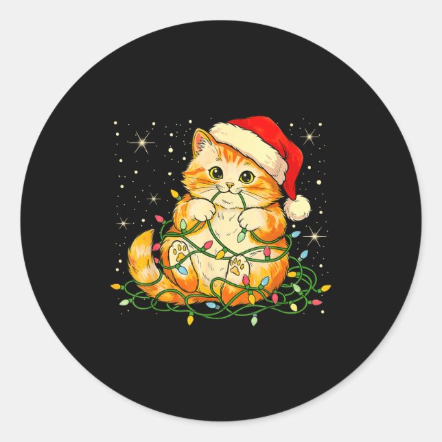 Cat Christmas Lights Santa Hat Xmas Cats Lover Pet Classic Round Sticker (Front)