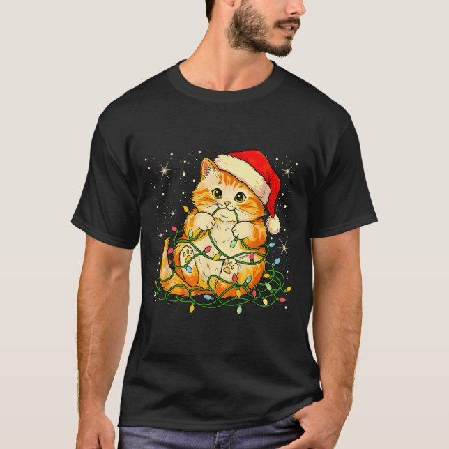 Cat Christmas Lights Santa Hat Xmas Cats Lover Pet T-Shirt (Front)
