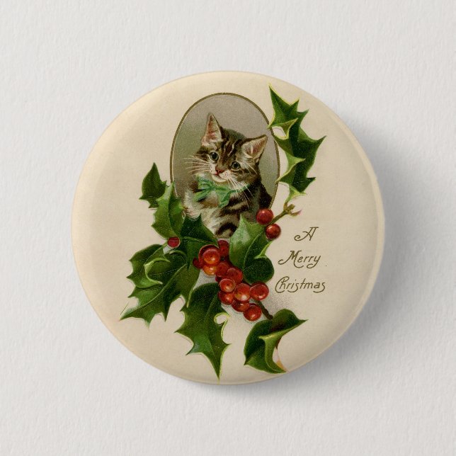 Cat Christmas Merry Holly Kitten Antique Art 6 Cm Round Badge (Front)
