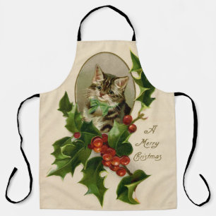 Cat Christmas Merry Holly Kitten Antique Art Apron