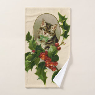 Cat Christmas Merry Holly Kitten Antique Art Bath Towel Set