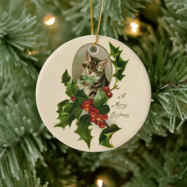 Cat Christmas Merry Holly Kitten Antique Art Ceramic Tree Decoration (Tree)