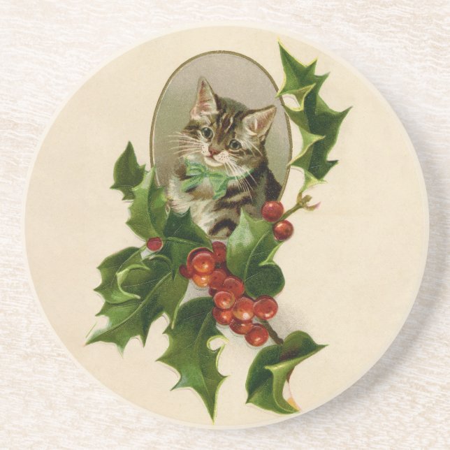 Cat Christmas Merry Holly Kitten Antique Art Coaster (Front)