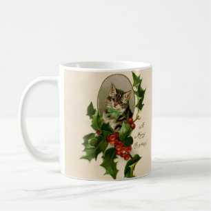 Cat Christmas Merry Holly Kitten Antique Art Coffee Mug