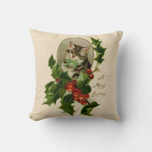 Cat Christmas Merry Holly Kitten Antique Art Cushion