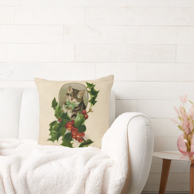 Cat Christmas Merry Holly Kitten Antique Art Cushion (Couch)
