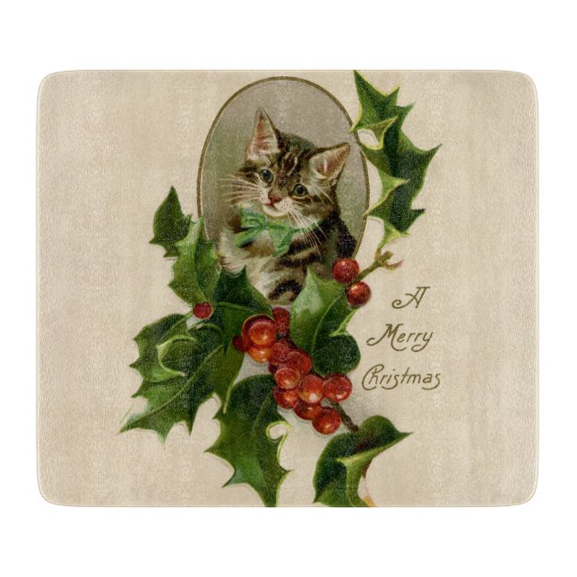 Cat Christmas Merry Holly Kitten Antique Art Cutting Board (Front)