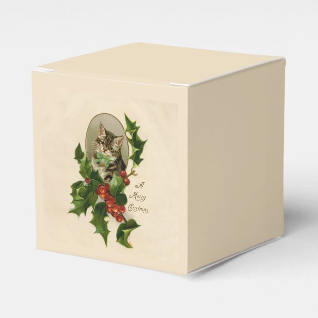 Cat Christmas Merry Holly Kitten Antique Art Favour Box (Front Side)