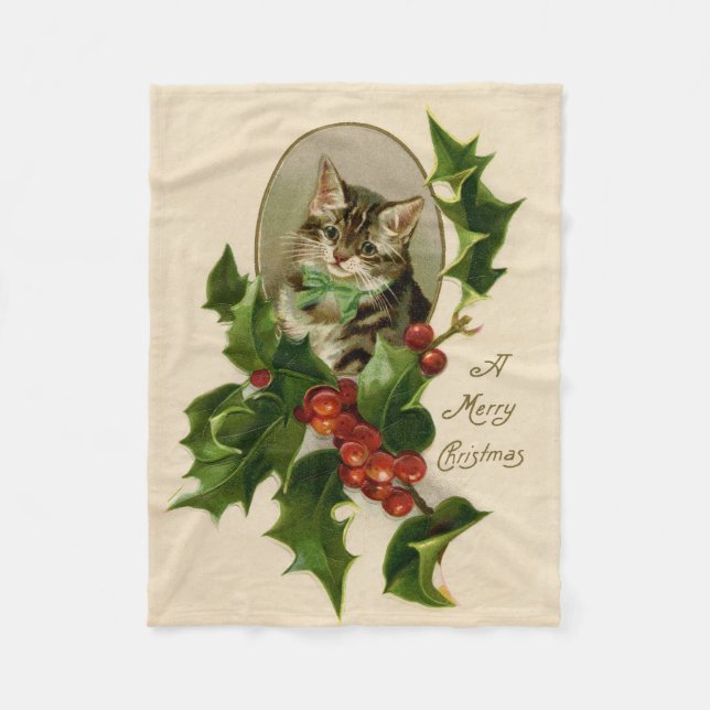 Cat Christmas Merry Holly Kitten Antique Art Fleece Blanket (Front)