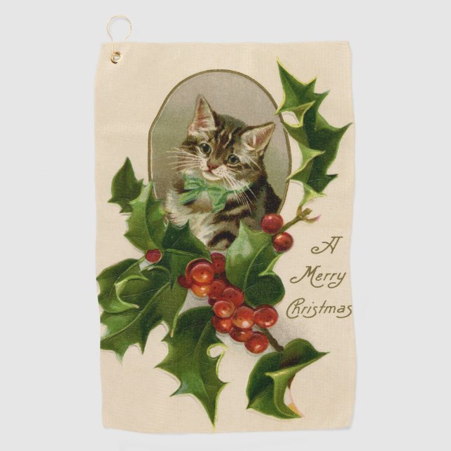 Cat Christmas Merry Holly Kitten Antique Art Golf Towel (Front)