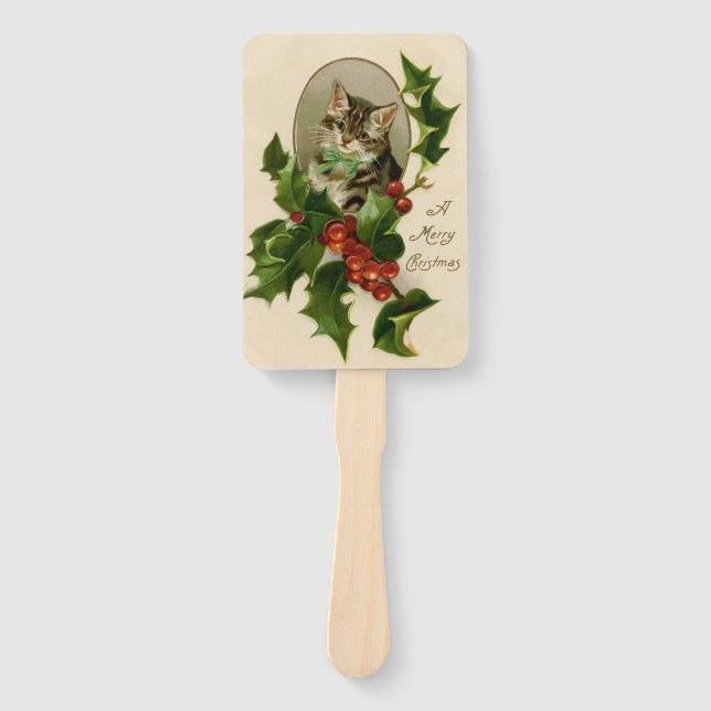 Cat Christmas Merry Holly Kitten Antique Art Hand Fan (Front)