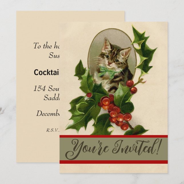 Cat Christmas Merry Holly Kitten Antique Art Invitation (Front/Back)