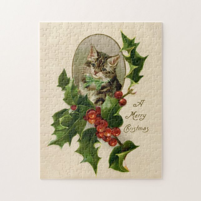 Cat Christmas Merry Holly Kitten Antique Art Jigsaw Puzzle (Vertical)