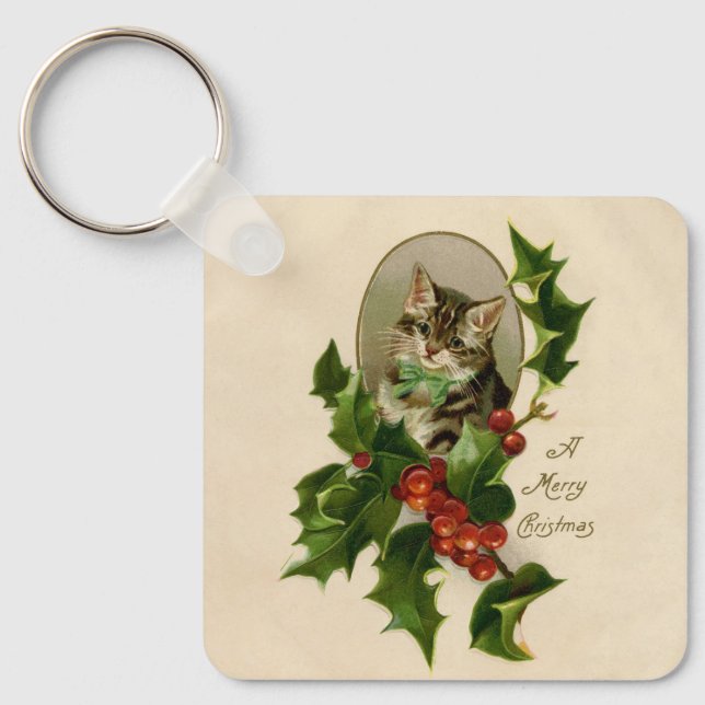 Cat Christmas Merry Holly Kitten Antique Art Key Ring (Front)