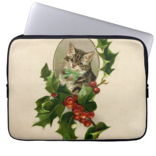 Cat Christmas Merry Holly Kitten Antique Art Laptop Sleeve