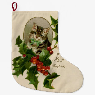 Cat Christmas Merry Holly Kitten Antique Art Large Christmas Stocking