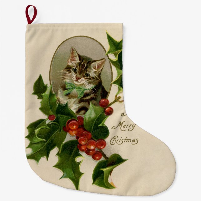 Cat Christmas Merry Holly Kitten Antique Art Large Christmas Stocking (Front)