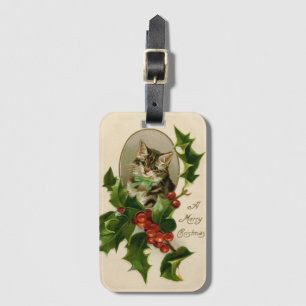 Cat Christmas Merry Holly Kitten Antique Art Luggage Tag