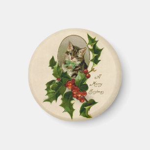 Cat Christmas Merry Holly Kitten Antique Art Magnet