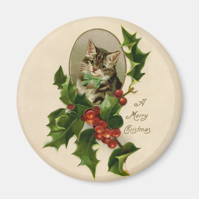 Cat Christmas Merry Holly Kitten Antique Art Magnet (Front)