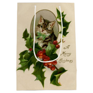 Cat Christmas Merry Holly Kitten Antique Art Medium Gift Bag