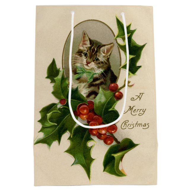 Cat Christmas Merry Holly Kitten Antique Art Medium Gift Bag (Back)