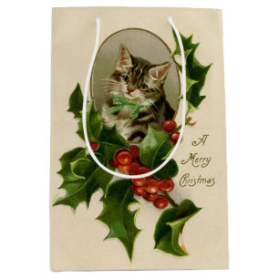 Cat Christmas Merry Holly Kitten Antique Art Medium Gift Bag