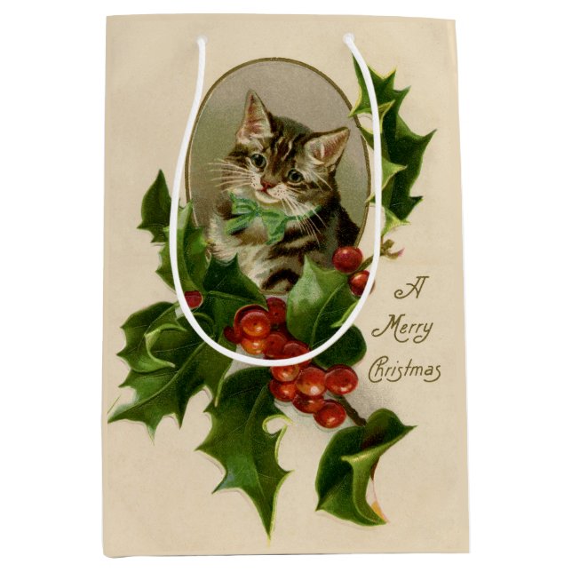 Cat Christmas Merry Holly Kitten Antique Art Medium Gift Bag (Front)