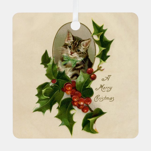 Cat Christmas Merry Holly Kitten Antique Art Metal Tree Decoration (Front)