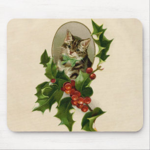 Cat Christmas Merry Holly Kitten Antique Art Mouse Mat