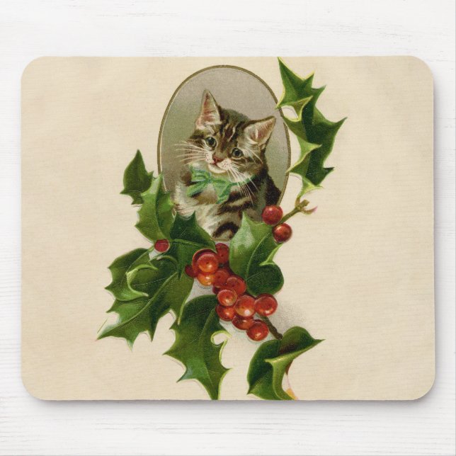 Cat Christmas Merry Holly Kitten Antique Art Mouse Mat (Front)