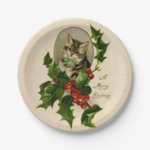 Cat Christmas Merry Holly Kitten Antique Art Paper Plate