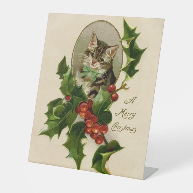 Cat Christmas Merry Holly Kitten Antique Art Pedestal Sign (Front)